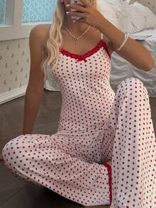 SHEIN Women's Romantic Polka Dot Lace Trim Sleepwear Set - Red - View 3