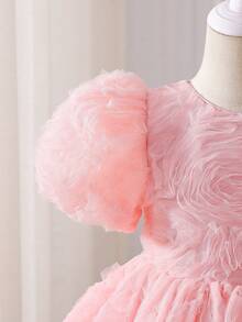 SHEIN Glamorique Kids 小女孩粉色3D荷叶边薄纱泡泡袖蝴蝶结公主裙，适合花童、生日派对、婚礼、节日、舞会等场合。 - 藕粉色 - 查看 7