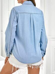 Selenza 大码女式翻领单排扣休闲百搭日常长袖牛仔衬衫 - 藍色 - 查看 5