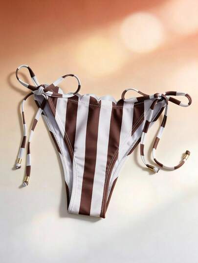 Swim Chiccia 女士优雅棕色条纹花卉饰边串珠系带三角比基尼泳衣，适合夏季度假