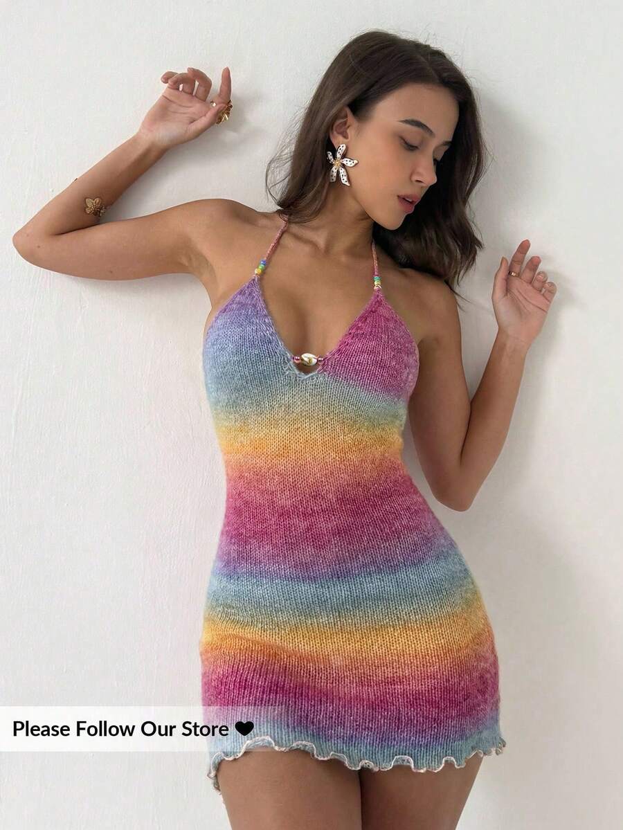 Aloruh Đầm dệt kim ôm sát người kiểu ombre dây mảnh dành cho nữ, mẫu mới mùa Xuân/Hè, đầm dự tiệc gợi cảm cho mùa lễ hội. - Nhiều màu - Xem 1