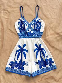 Soleia Bộ áo liền quần nữ in hình cây cọ, kiểu dáng thường ngày. - Xanh và trắng - Xem 7