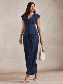 Briarwyn Women's Casual, Work, Commute V-Neck Striped Print Fitted Blouse And Belted Wide Leg Pants Set, Spring/Summer - Navy Blue - View 4