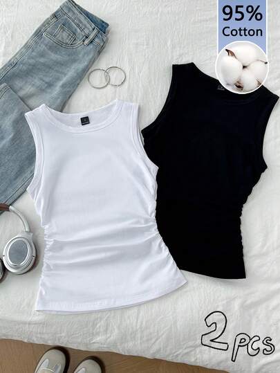 Tseoso 2pcs/Pack Women's 95% Cotton Casual Racerback Camisole Tank Tops, Perfect For Spring And Summer Layering. Versatile Essentials For Back To School, Teacher Outfits, Fall Women's Clothing, School Wear, Airport Style, Work And Office Looks, Night Out Or Going Out, Parties, And Thoughtful Gifts For Moms. Tight-Fitting Tops Fitted Tops Basic Tops Women Sleeveless Tops 2 Packs Tops