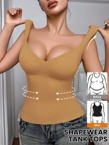 SHEIN Camisola moldeadora sin costuras para mujer, adelgazante de cintura y abdomen, chaleco de soporte simple que se puede usar como prenda exterior, 1 pieza - Camel - Ver 6