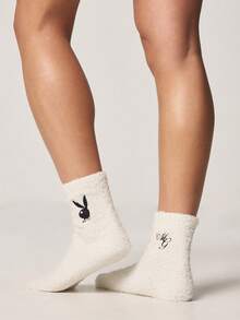 Missguided x Playboy Fuzzy Crew Socks With Bunny Logo Embroidered Design Cozy Winter Lounge Socks For Women - Multicolor - View 3