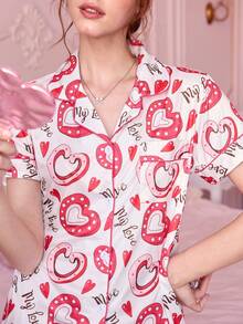 Bonmuse 两件套情人节爱心蝴蝶结休闲女士睡衣套装，包括翻领纽扣短袖上衣和松紧腰短裤，优雅女士家居服。 - 粉色 - 查看 7