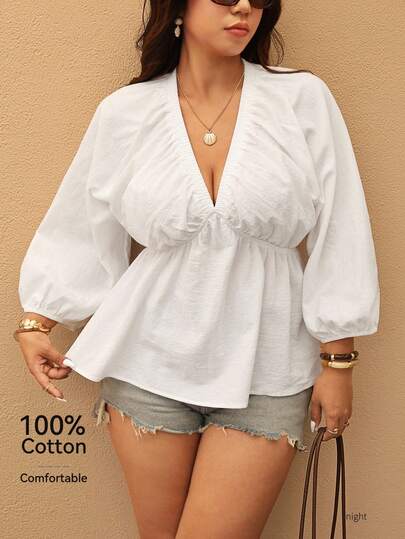 Elaquor Plus Size Casual V-Neck Lantern Sleeve Babydoll Blouse, Autumn White Lantern Sleeve Blouse White Boho Top Puff Sleeve Top Women White Vacation Top Lantern Sleeve Blouse Spring Women Spring Top For Women V Neck Blouse For Women White Blouse For Women White Top For Women Plus