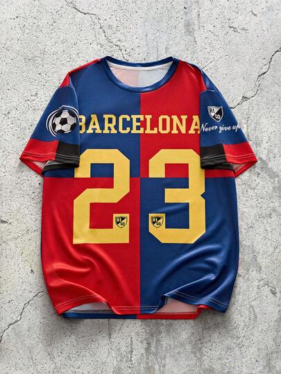 EVRINFINITE 巴塞罗那复古球衣 23 号 | 红蓝撞色足球风格男士运动短袖 T 恤