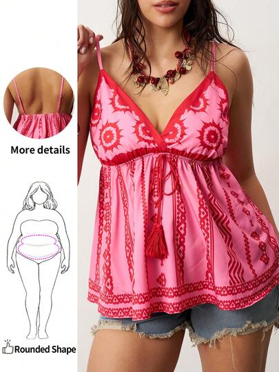 Enliva 大码复古印花V领吊带背心，适合春夏穿着，也适合夏季、情人节、度假、海滩、节日、浪漫优雅、波西米亚风、甜美、派对、热带度假等场合。