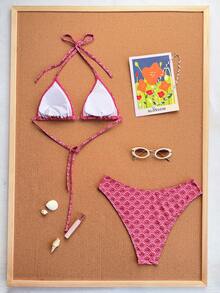 Swim Mod Women's Pink 2-Piece Bikini Set Spaghetti Strap Halter Neck High Cut Swimwear For Summer,Boho Beach Vacation,Holiday,Modest Tanning Bathing Suits - Hot Pink - View 2