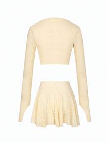 Swim Vcay 女士特制面料深V领长袖荷叶边下摆网纱两件套罩衫 - 米色 - 查看 2