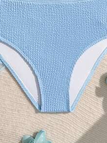 Tween Girls Bikini Sets,Girls' Swimsuit Set, Vacation-Ready, Casual, Elegant, Blue Set Made Of Wavy Fabric. Features A Halter-Neck, Sleeveless Top With Sweet Ruffle Details, And Matching Bottoms In The Same Fabric. The Three-Piece Swimsuit Set Includes A Halter-Neck Top, Briefs, And A Skirt.  Stylish, Casual, Sophisticated, And Elegant, Perfect For Swimming, Summer Vacations, Beaches, Swimming Pools, Summer Parties, And Leisure Activities. Tween Swimsuit Dusty Blue 3 Piece Bathing Suit Teen Girl Tween Bathing Suits 3 Piece Set 3 Piece Swimsuit Set - Blue - View 6