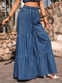 Breezaya Solid Color Pleated Loose Elastic Waist Casual Jeans With Pockets - Dark Wash - View 3