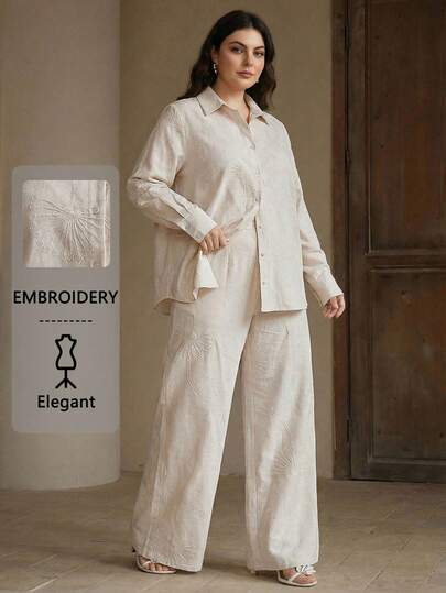 Anewsta 加大码女式两件套，杏色刺绣舒适优雅衬衫搭配松紧腰阔腿裤，适合旅行、日常穿着、派对、情人节约会等场合。