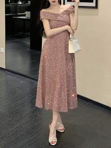 DAZY Women's Glamorous Elegant Party Sequin Off-Shoulder Cinched Waist Dress - White - View 6