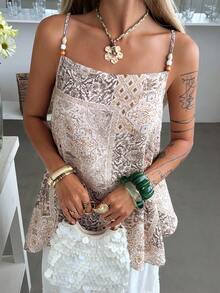 Livesso 女士夏季休闲波西米亚度假风拼接印花宽松串珠吊带衫 - 杏色 - 查看 4