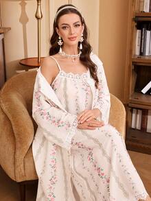 PalaceNights Floral Print Lace Decorated Loose Long Sleeve Robe, Camisole Slip Dress With Ruffle Trim, Woven Textured Fabric Women Pajama Set - Apricot - View 4