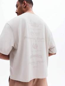 SUMWON 男士宽松版型圆领短袖印花T恤，饰有文字图案，适合休闲夏季街头日常穿着 - 杏色 - 查看 1