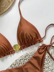Swim Vcay Springbreak Women's Solid Color Spaghetti Strap Metal Shell Decor Side Tie Minimalist Bikini Set, Summer - Brown - View 5