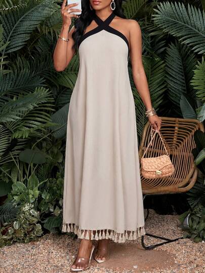 SHEIN Lady 女士度假休闲流苏下摆撞色露背连衣裙