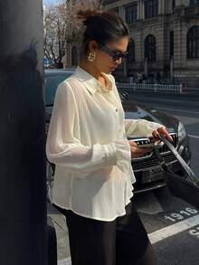 DAZY Women's Pleated Flare Sleeve Casual Blouse - White - View 6