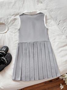 SHEIN Vintaside Kids Tween Girl Summer Grey Polo Collar Sleeveless Dress With Pleated Hem. Fashionable And Versatile, With A Classic Academic Style. - Grey - View 2