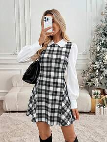 Easowa Đầm mini dáng chữ A tay phồng cổ bẻ, tay cánh hoa, phối màu đỏ caro, họa tiết Giáng sinh, tay dài, kiểu dáng thanh lịch, thoải mái, phù hợp cho công sở, phong cách vintage, dành cho nữ, mùa Thu/Đông. - Đen và trắng - Xem 6