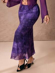 ROMWE PETITE 女士复古印花低腰鱼尾裙 - 紫色 - 查看 6