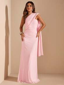 SHEIN BAE Women's Solid Pink Asymmetric Ruched Backless Chiffon Dress, Elegant Beach Holiday Dress, Spring/Summer - Pink - View 4