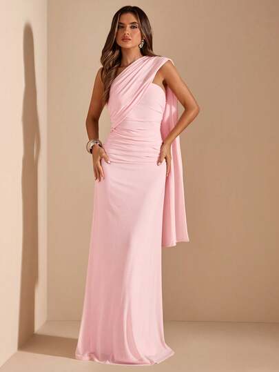 SHEIN BAE Women's Solid Pink Asymmetric Ruched Backless Chiffon Dress, Elegant Beach Holiday Dress, Spring/Summer