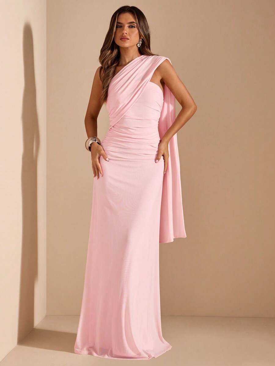 SHEIN BAE Women's Solid Pink Asymmetric Ruched Backless Chiffon Dress, Elegant Beach Holiday Dress, Spring/Summer - Pink - View 1