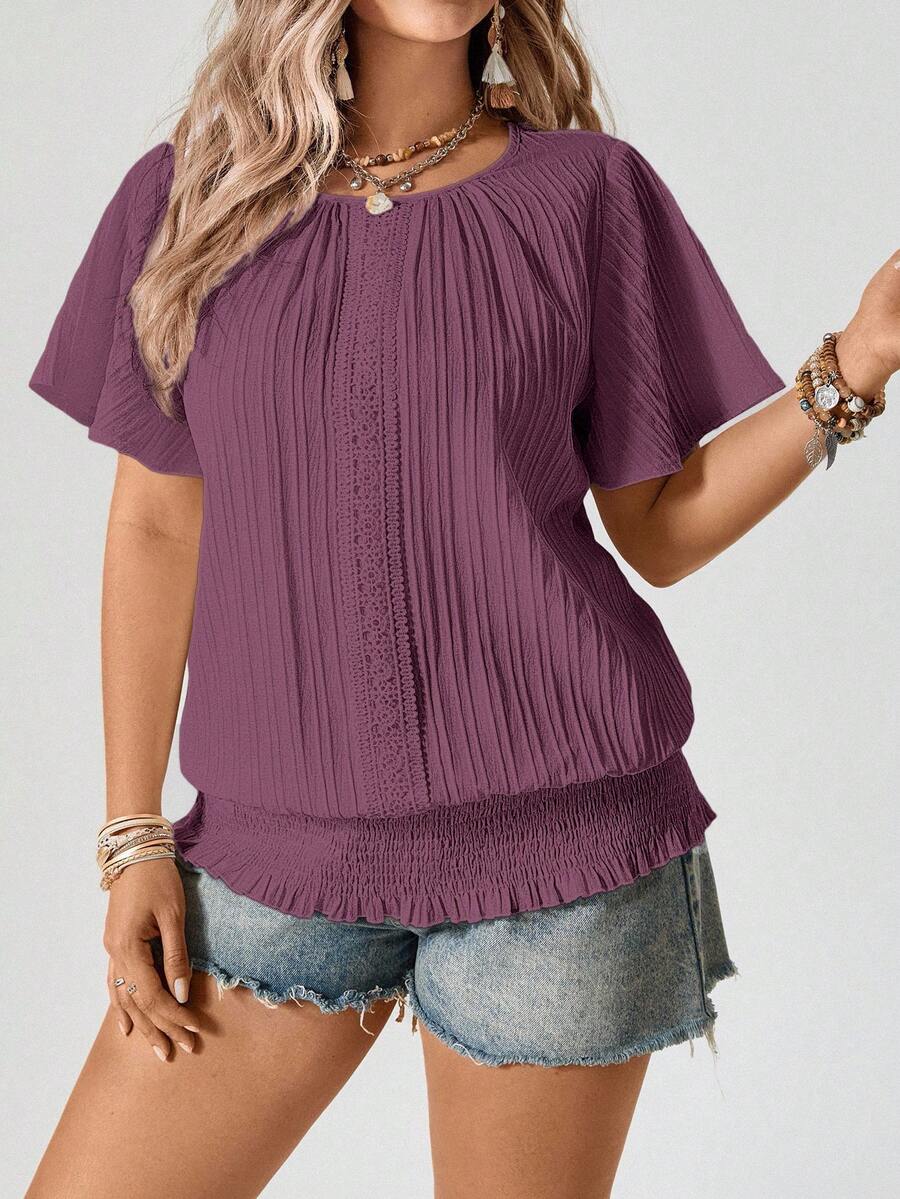 Freevana Maroon Summer Boho Vacation Women's Plus Size Blouse,Ruffled Hem Elastic Waist Short Sleeve Round Neck Pullover Top,Casual Smart Business Tops - Purple - View 1