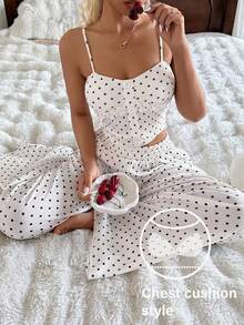 DAZY 女士夏季波点印花吊带背心和宽松睡裤睡衣套装 - 白色 - 查看 7