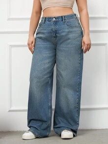 Jeans de pierna ancha con detalles de cinturón de 100% algodón de talla grande - Azul lavado medio - Ver 5