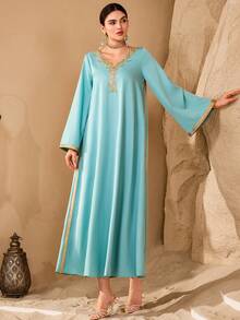 Al Najma Women's Elegant Minimalist Luxurious Floral Collar Gold Ribbon Splice Deep V-Neck Loose Arabian Dress - Teal Blue - View 5