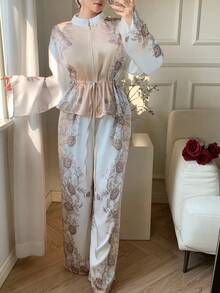 DAZY 女士休闲印花立领抽绳衬衫和阔腿裤两件套，春季 - 杏色 - 查看 10