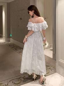 DAZY Women's Elegant Floral Off-Shoulder Ruffle Hem Mid-Length Dress, Summer - Beige - View 2