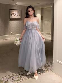 DAZY 女士优雅伴娘礼服，蕾丝拼接荷叶边下摆，中长无袖连衣裙，适合夏季，婚礼宾客礼服，女士长款连衣裙 - 藍色 - 查看 3