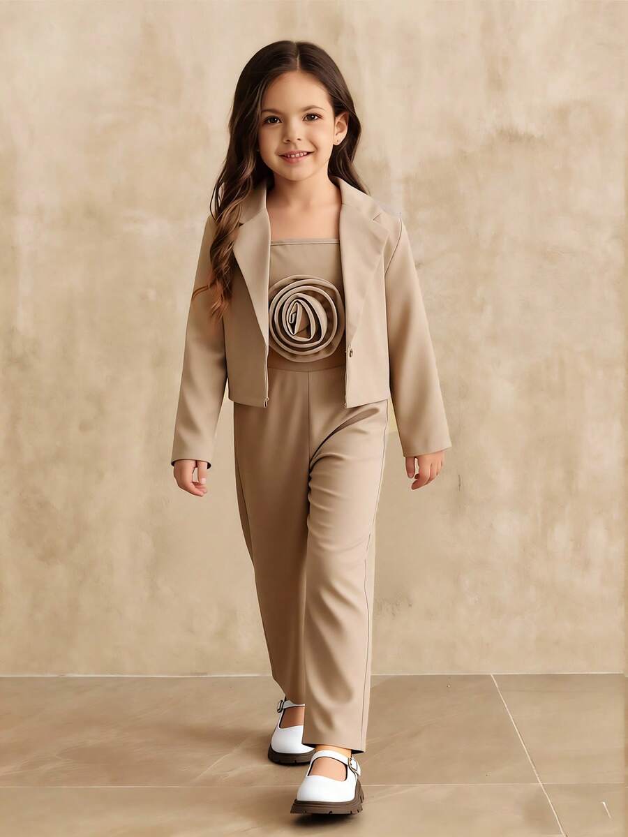 SHEIN 3 Stücke/Set Outfit für Kleine Mädchen: Kurze Jacke mit Hemdkragen + Camisole mit Blumenapplikation + Weite Hose, 4-Jahreszeiten Set - Khaki - Übersicht 1