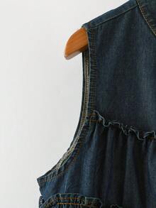 EMERY ROSE Mature Denim Plus Size Sleeveless Denim Top,Navy Blue Summer Smart Casual Everyday Ruffle Hem Babydoll Tiered Cake Blouse,French Retro Stand Collar Button Down - Blue - View 5