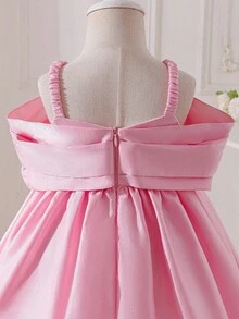 女宝宝优雅可爱粉色蝴蝶结吊带连衣裙，派对礼服 - 粉色 - 查看 3