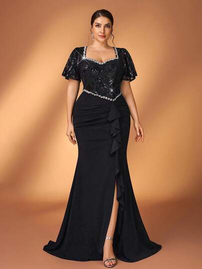 Serin Plus Size Elegant Luxurious Lotus Pink Beaded Embroidered Deep V-Neck Asymmetric Ruffle Hem Fitted Mermaid Formal Dress, Suitable For Evening Party, Wedding, Gala, Vacation, Mother Of The Bride Dress