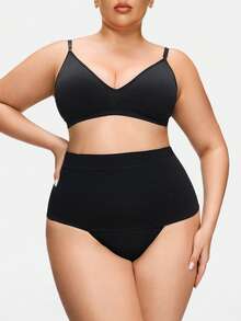 SHAPORA Plus Size Women Seamless High Waist Slimming Shaping Briefs, Tummy Control Thong Panties - Black - View 2