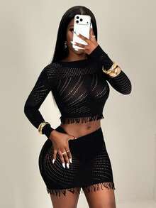 BamGleam Women's Sexy Hollow Out Mesh Sheer Bodycon 2 Pieces Set - Black - View 4