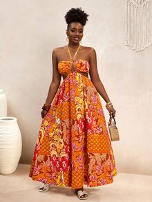 VaVaBold Abito lungo elegante e ampio con design a fiori bohémien, scollo ad aletta incrociato e aperture, stile vacanziero, simile agli abiti di blogger europei e americani, casual per appuntamenti e spiaggia - Multicolore - Visualizzare 4