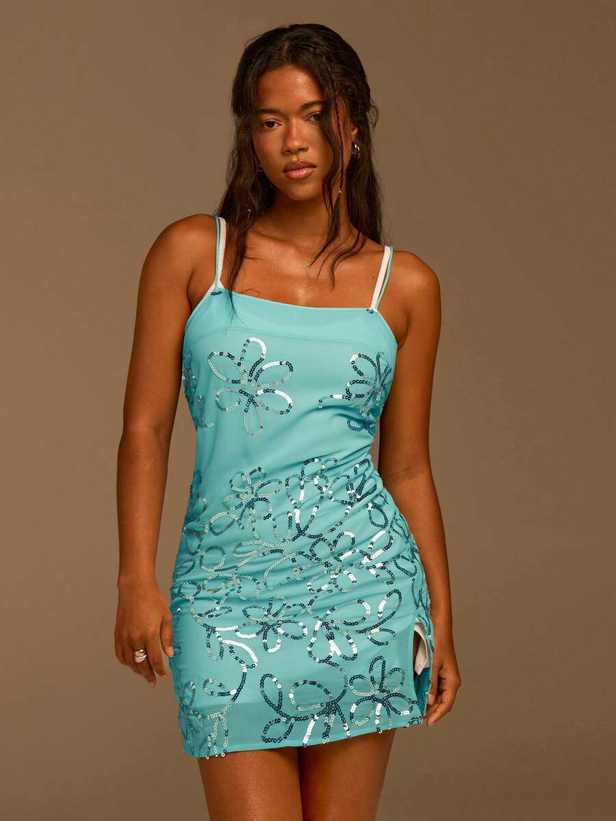 Athîral Women's Light Blue Floral Chiffon Mini Dress 2-Piece Set,Pearl Embroidered Tight Fitting Summer Dress,Y2K Party Night Beach Vacation Outfits - Green - View 1