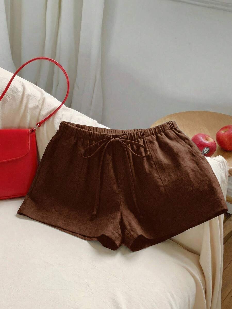 Comfortcana Quần short nữ màu trơn, thắt eo, kiểu dáng thường ngày, đa năng. - Cà phê nâu - Xem 1