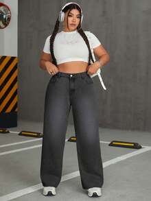 SHEIN Cottnline Plus Size Women Embroidered Mid-Waist Button Pocket Straight Leg Jeans - Dark Grey - View 2