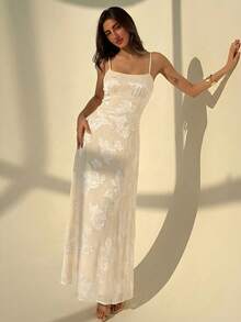 Aloruh 杏色吊带A字连衣裙，浪漫约会/婚礼蕾丝面料优雅长裙，女士 - 杏色 - 查看 7